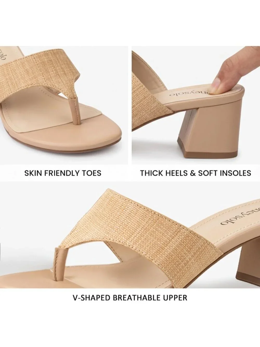 Women's Nude Raffia Summer Comfortable Casual  Square Open Toe Thong Low Heels